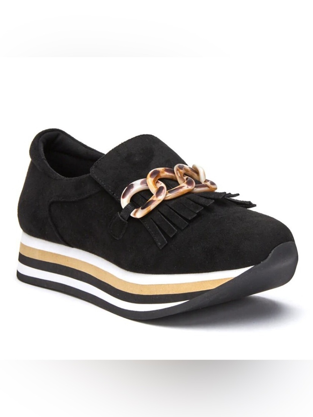 Coconuts by Matisse Platform Loafers 7 Black Gold Striped Tortoise Chain Fringe